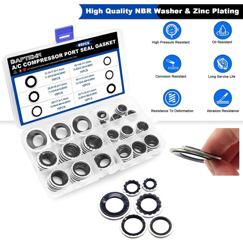 Daptemn 85PCS A/C Compressor Seal Washers Kit, 6 Sizes Air Conditioning Compressor Port Gasket Repairs Universal Automotive Self-Centered Bonded Sealing Washers (ID: 8mm-17.5mm) (Black) - Image 5